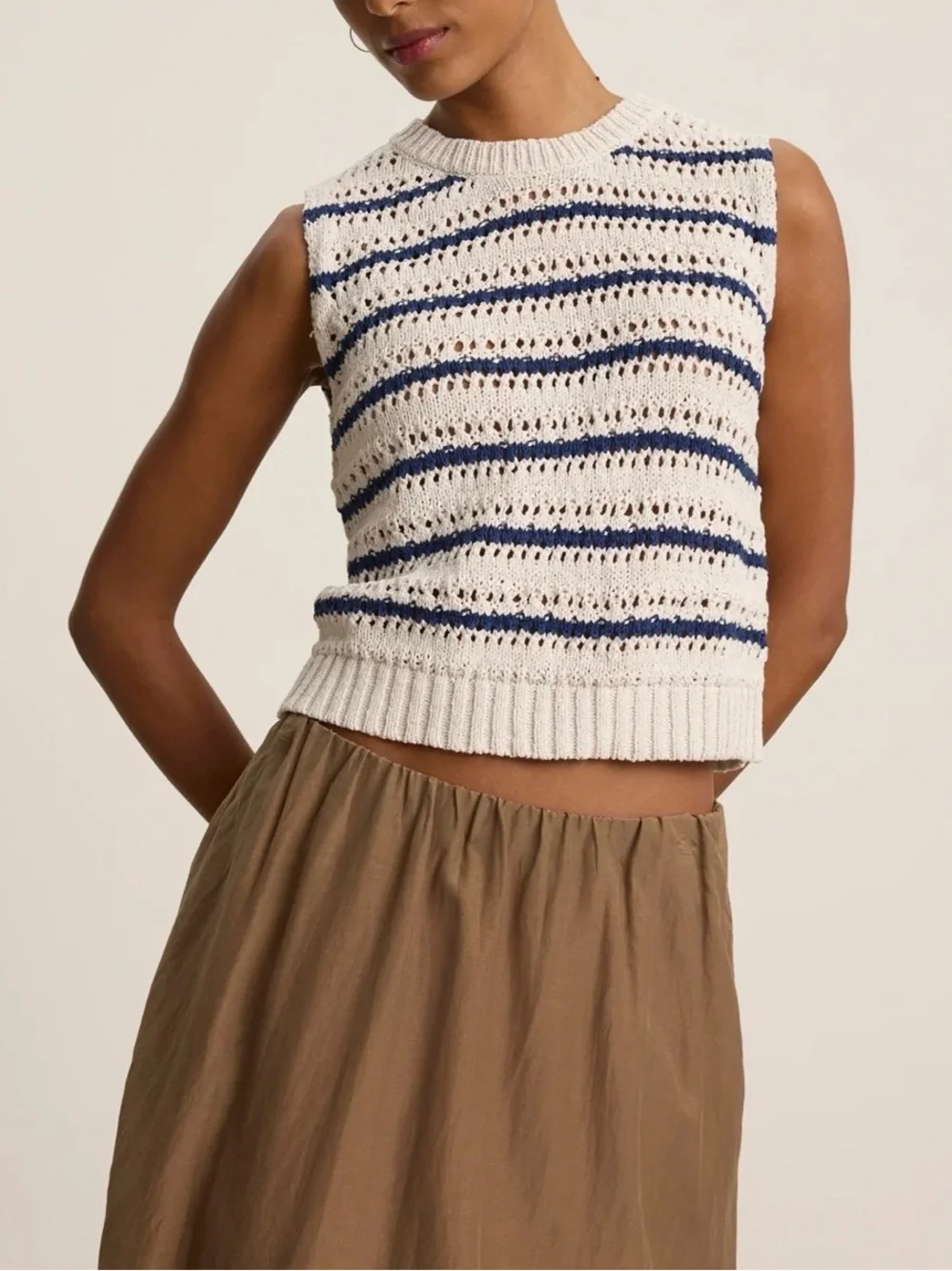 Velvet by Graham & Spencer Cream & Navy Open-Knit Sleeveless Crop Sweater